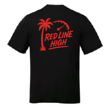 Black Red Line High automotive t-shirt with red logo and text