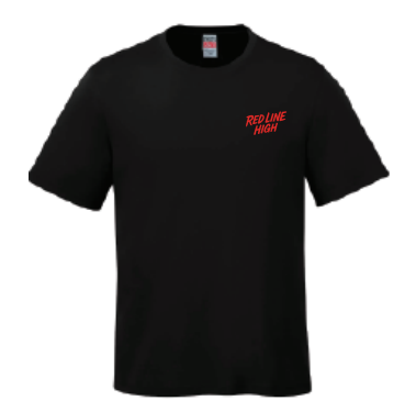 Black Red Line High automotive t-shirt with red logo and text