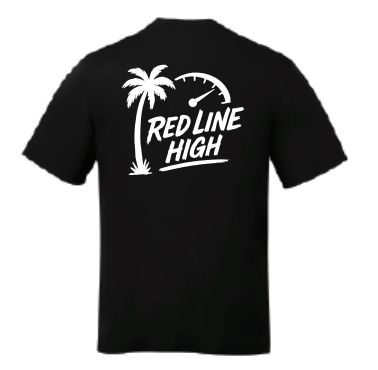 Black Red Line High automotive t-shirt with white logo and text