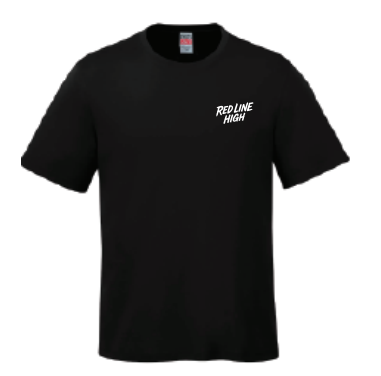 Black Red Line High automotive t-shirt with white logo and text