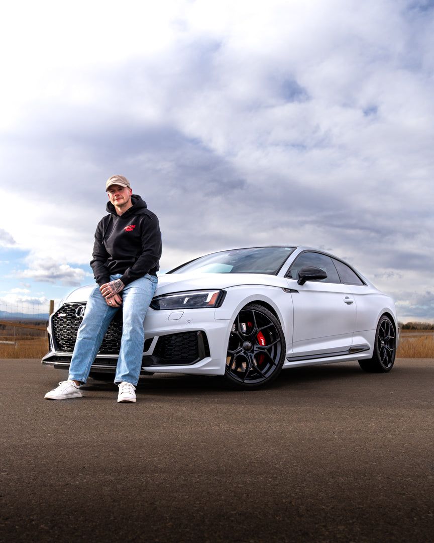 Black Red Line High automotive hoodie with red logo and text