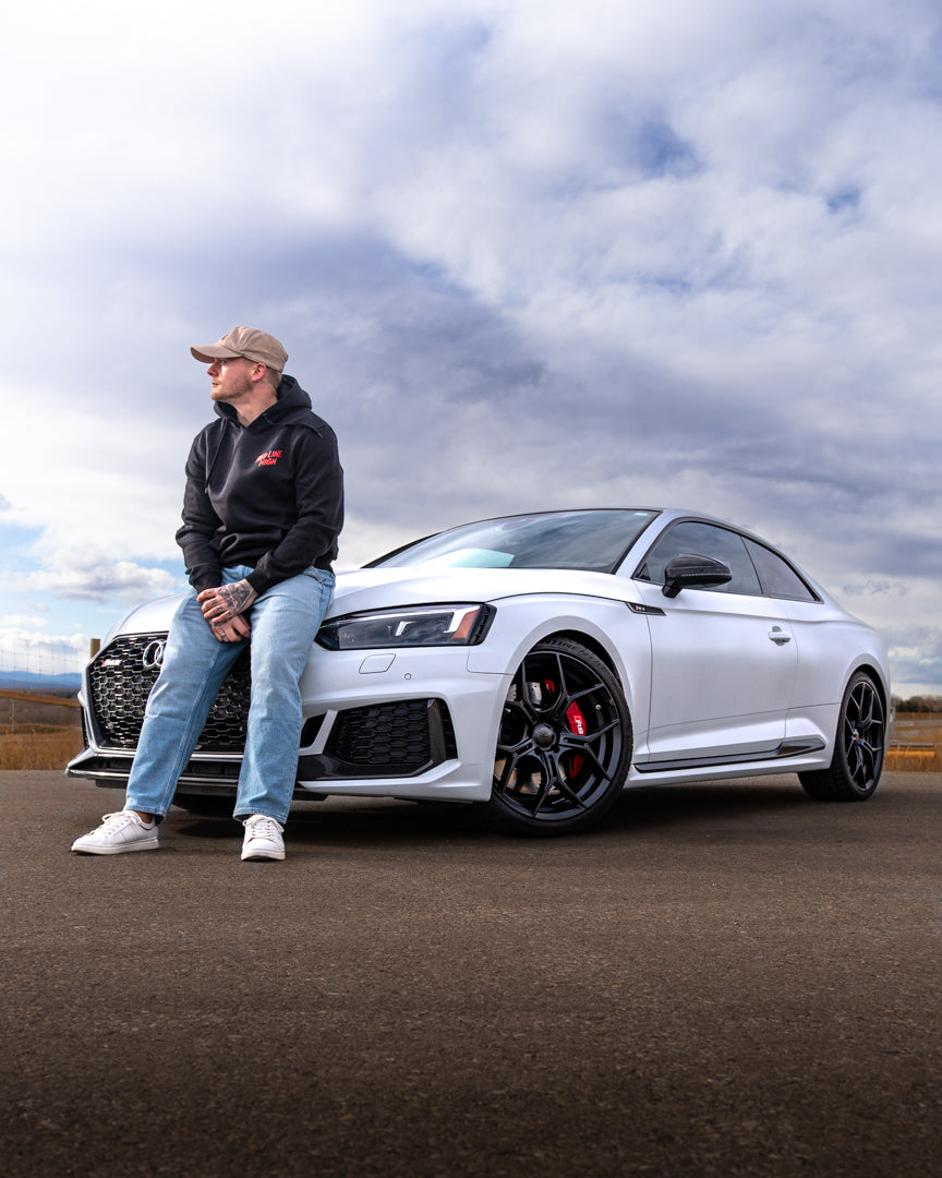 Black Red Line High automotive hoodie with red logo and text