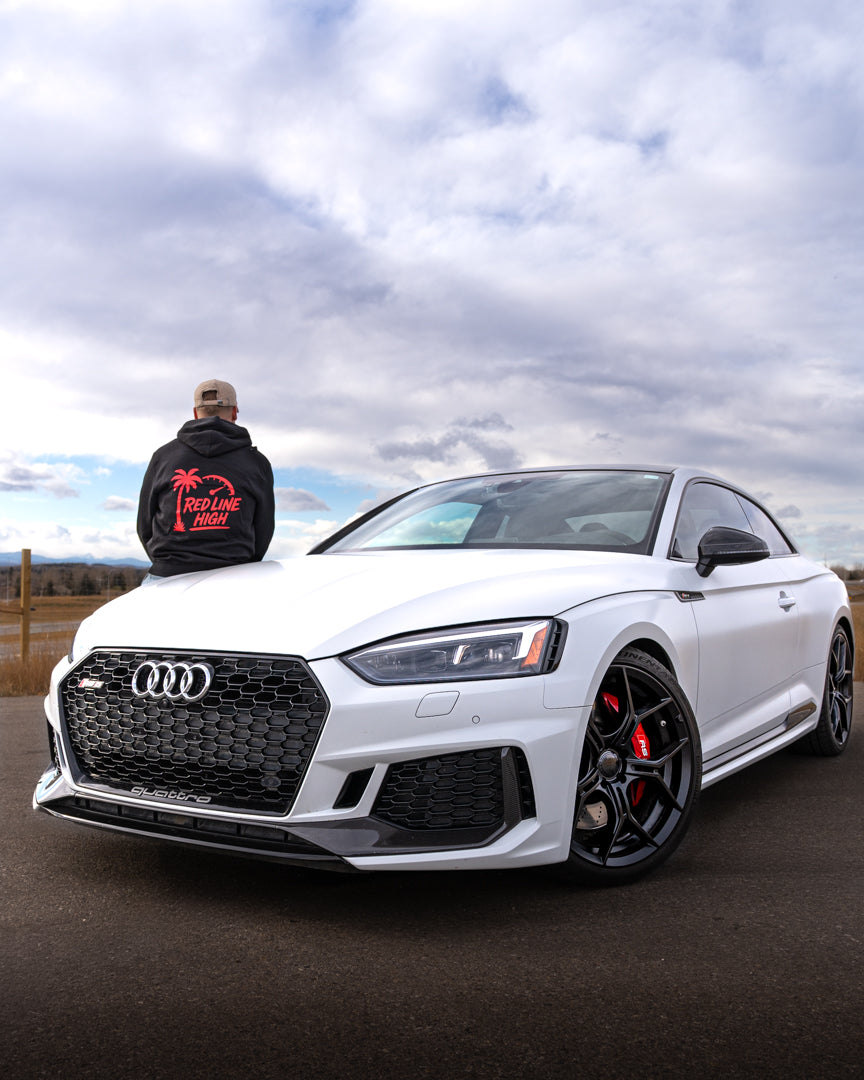 Black Red Line High automotive hoodie with red logo and text