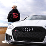 Black Red Line High automotive hoodie with red logo and text