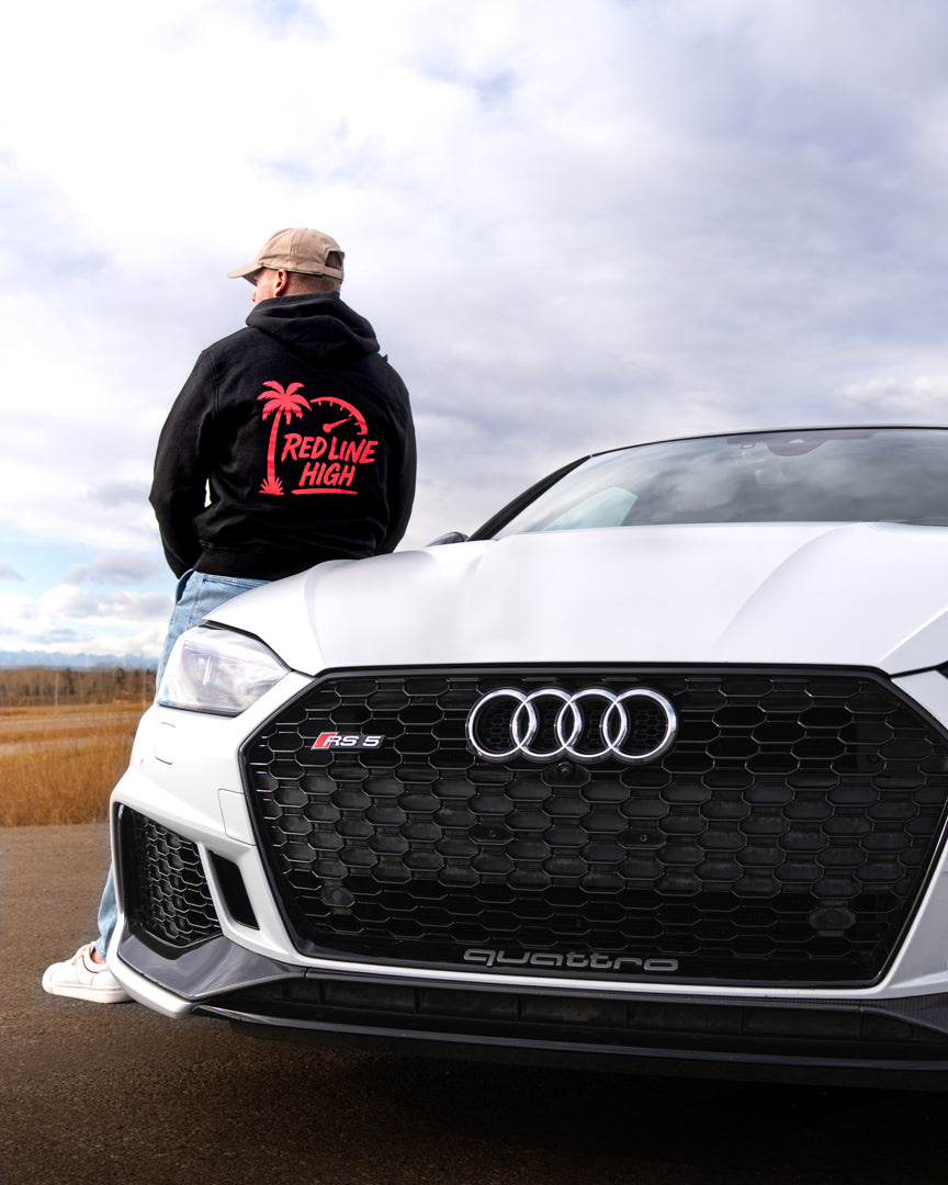 Black Red Line High automotive hoodie with red logo and text