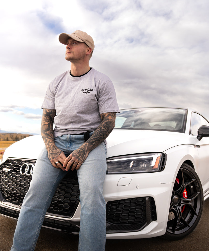 Grey Red Line High automotive t-shirt with black logo and text