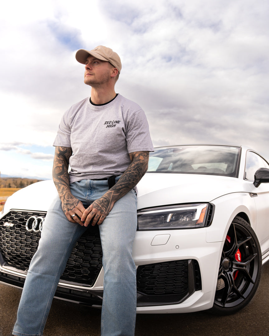 Grey Red Line High automotive t-shirt with black logo and text