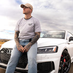 Grey Red Line High automotive t-shirt with black logo and text