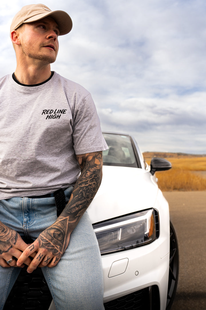 Grey Red Line High automotive t-shirt with black logo and text