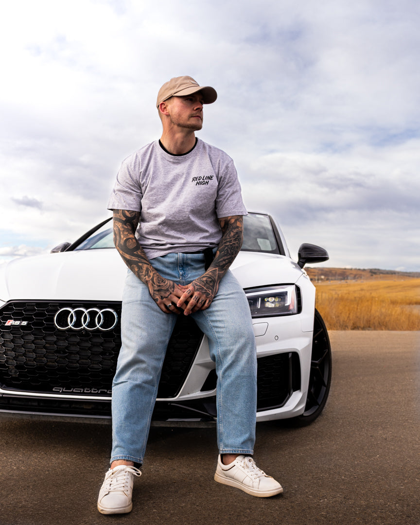 Grey Red Line High automotive t-shirt with black logo and text