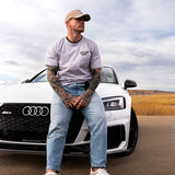 Grey Red Line High automotive t-shirt with black logo and text