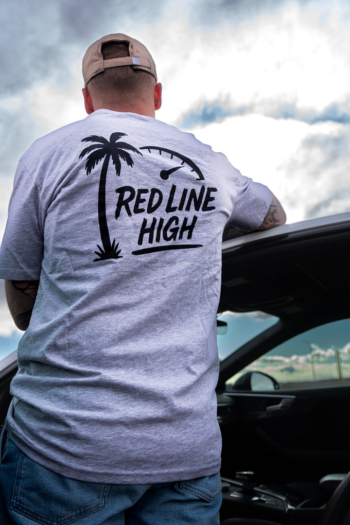 Grey Red Line High automotive t-shirt with black logo and text