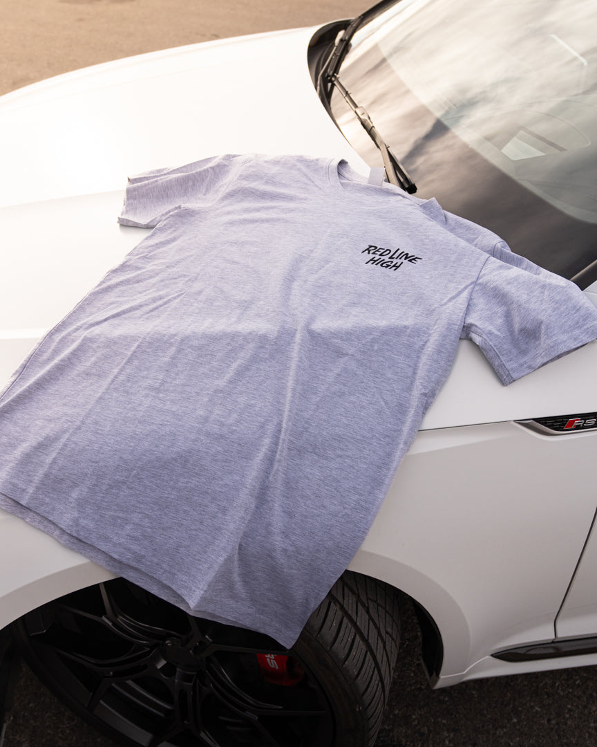 Grey Red Line High automotive t-shirt with black logo and text