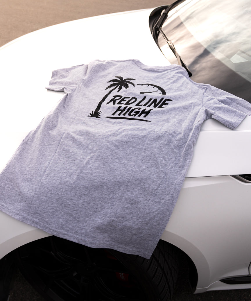 Grey Red Line High automotive t-shirt with black logo and text