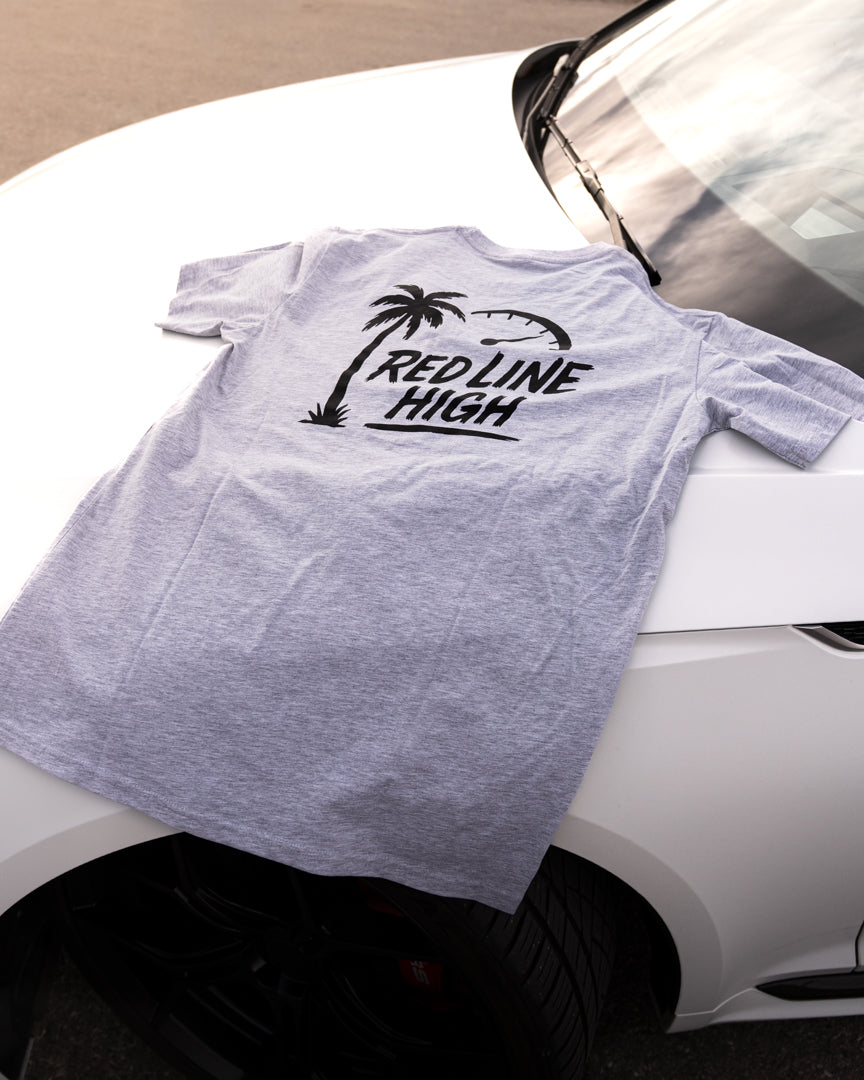 Grey Red Line High automotive t-shirt with black logo and text