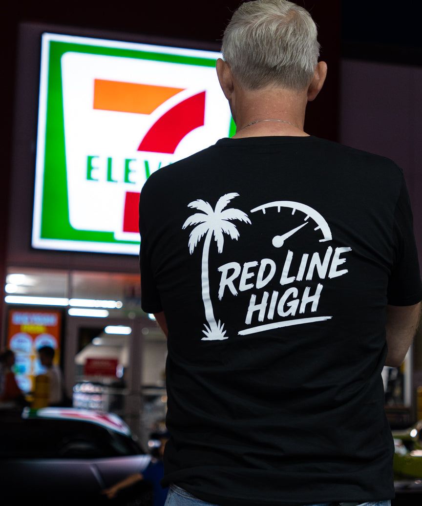Black Red Line High automotive t-shirt with white logo and text