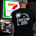 Black Red Line High automotive t-shirt with white logo and text