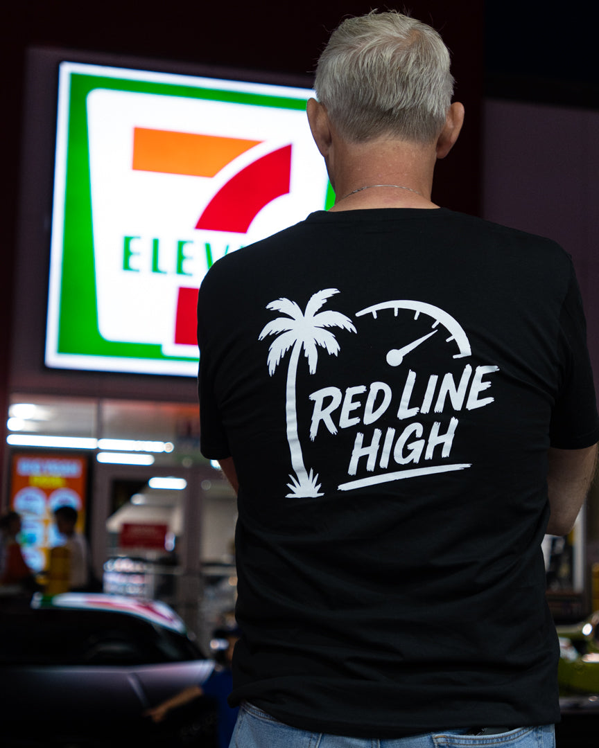 Black Red Line High automotive t-shirt with white logo and text