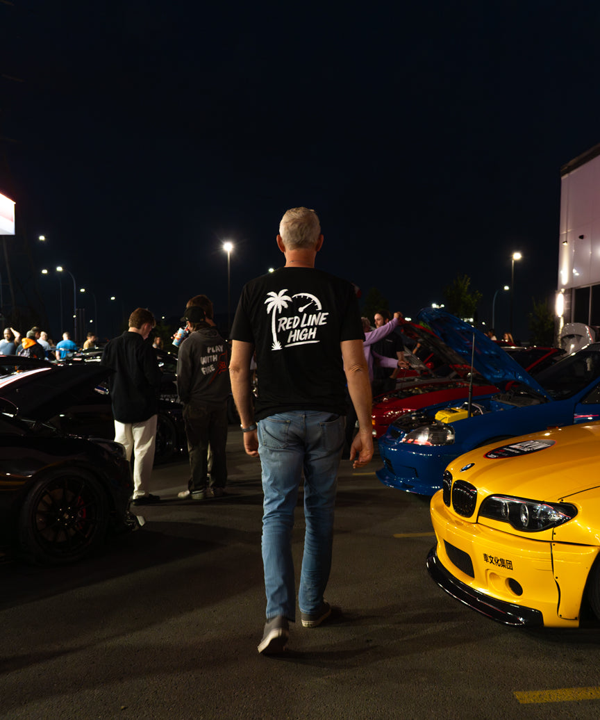 Black Red Line High automotive t-shirt with white logo and text