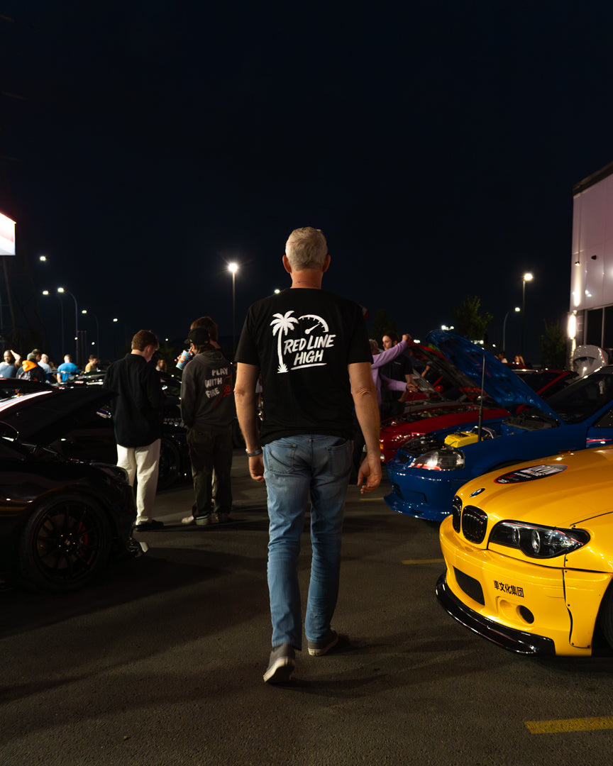 Black Red Line High automotive t-shirt with white logo and text