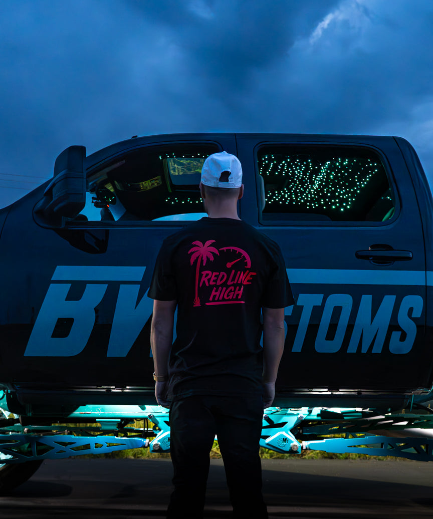 Black Red Line High automotive t-shirt with red logo and text