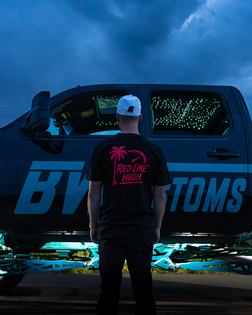 Black Red Line High automotive t-shirt with red logo and text