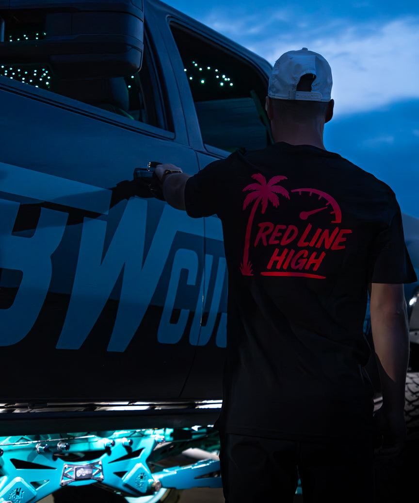 Black Red Line High automotive t-shirt with red logo and text
