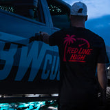 Black Red Line High automotive t-shirt with red logo and text