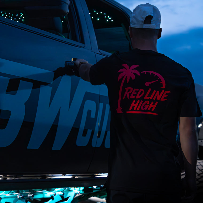 Black Red Line High automotive t-shirt with red logo and text