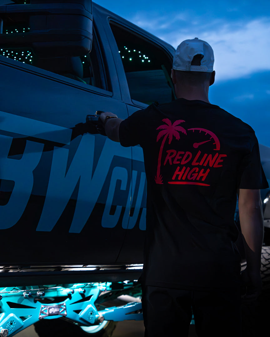 Black Red Line High automotive t-shirt with red logo and text