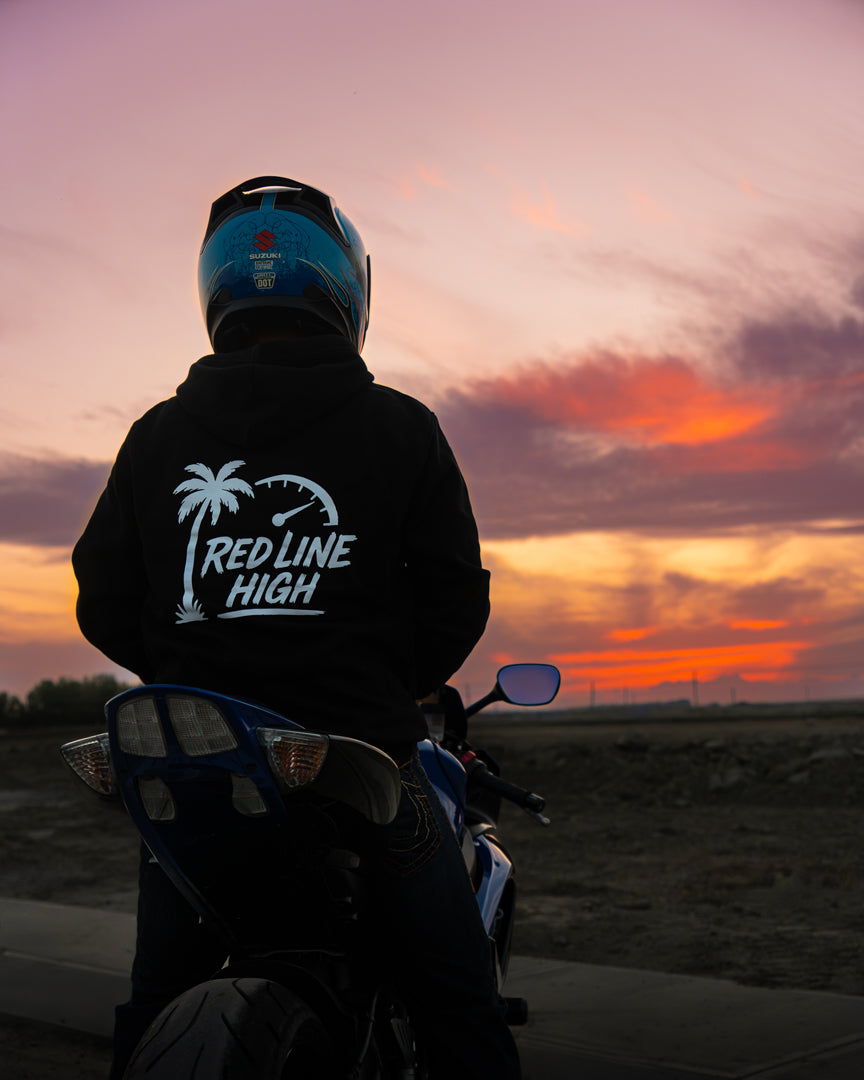 Black Red Line High automotive hoodie with white logo and text