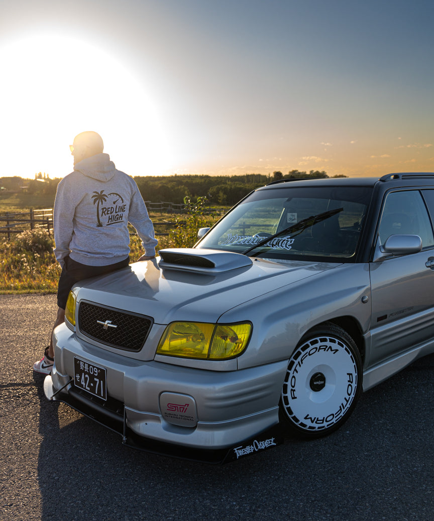 Grey Red Line High automotive hoodie with black logo and text