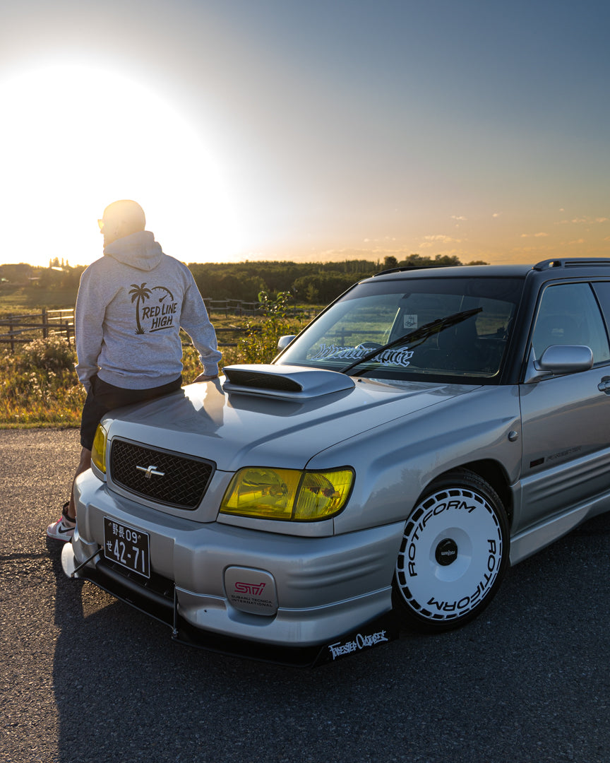 Grey Red Line High automotive hoodie with black logo and text