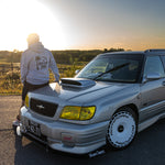 Grey Red Line High automotive hoodie with black logo and text