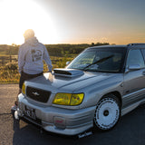Grey Red Line High automotive hoodie with black logo and text