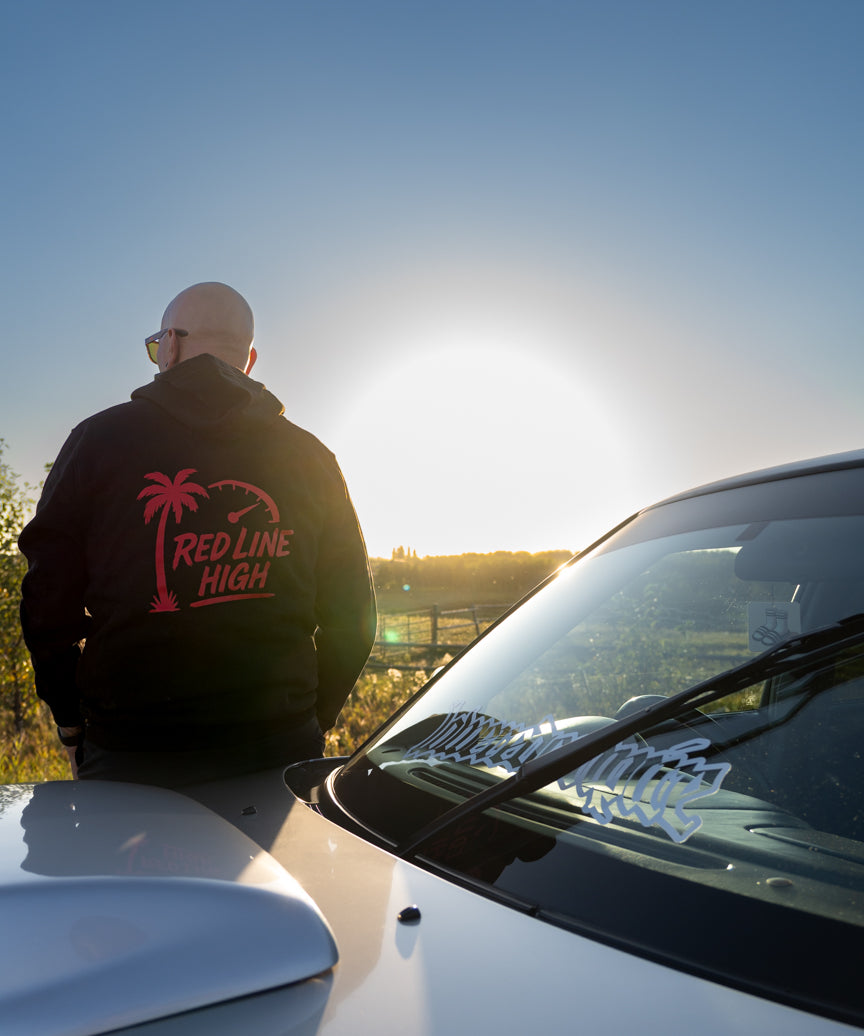 Black Red Line High automotive hoodie with red logo and text
