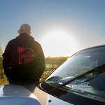Black Red Line High automotive hoodie with red logo and text
