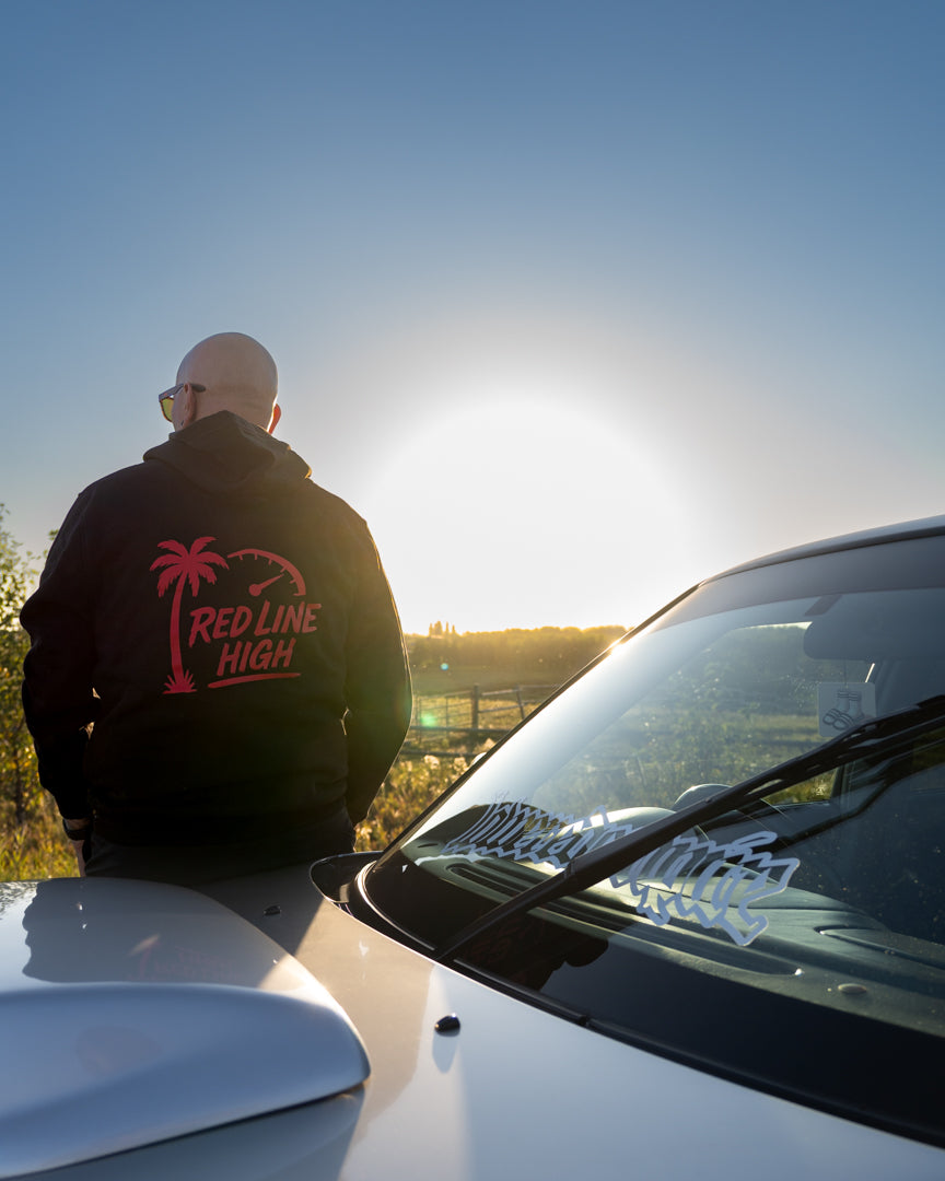 Black Red Line High automotive hoodie with red logo and text