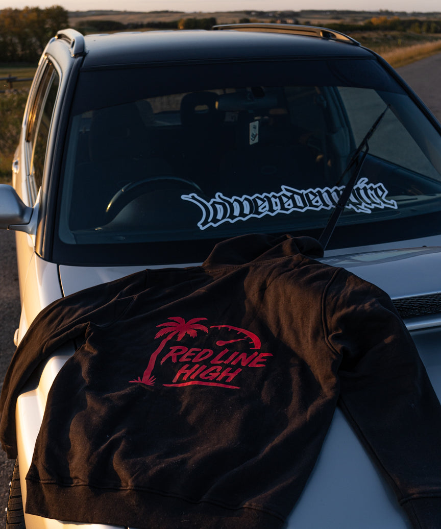 Black Red Line High automotive hoodie with red logo and text