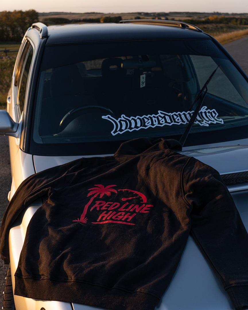 Black Red Line High automotive hoodie with red logo and text