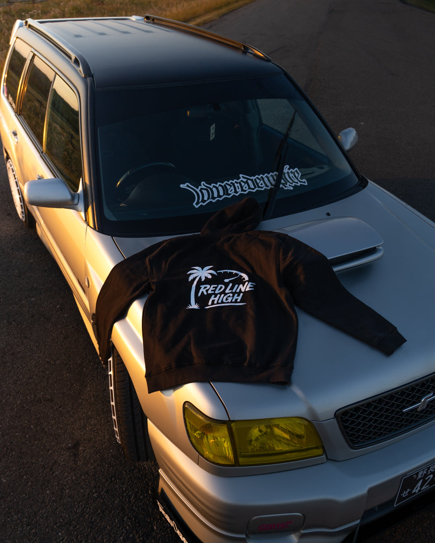 Black Red Line High automotive hoodie with white logo and text