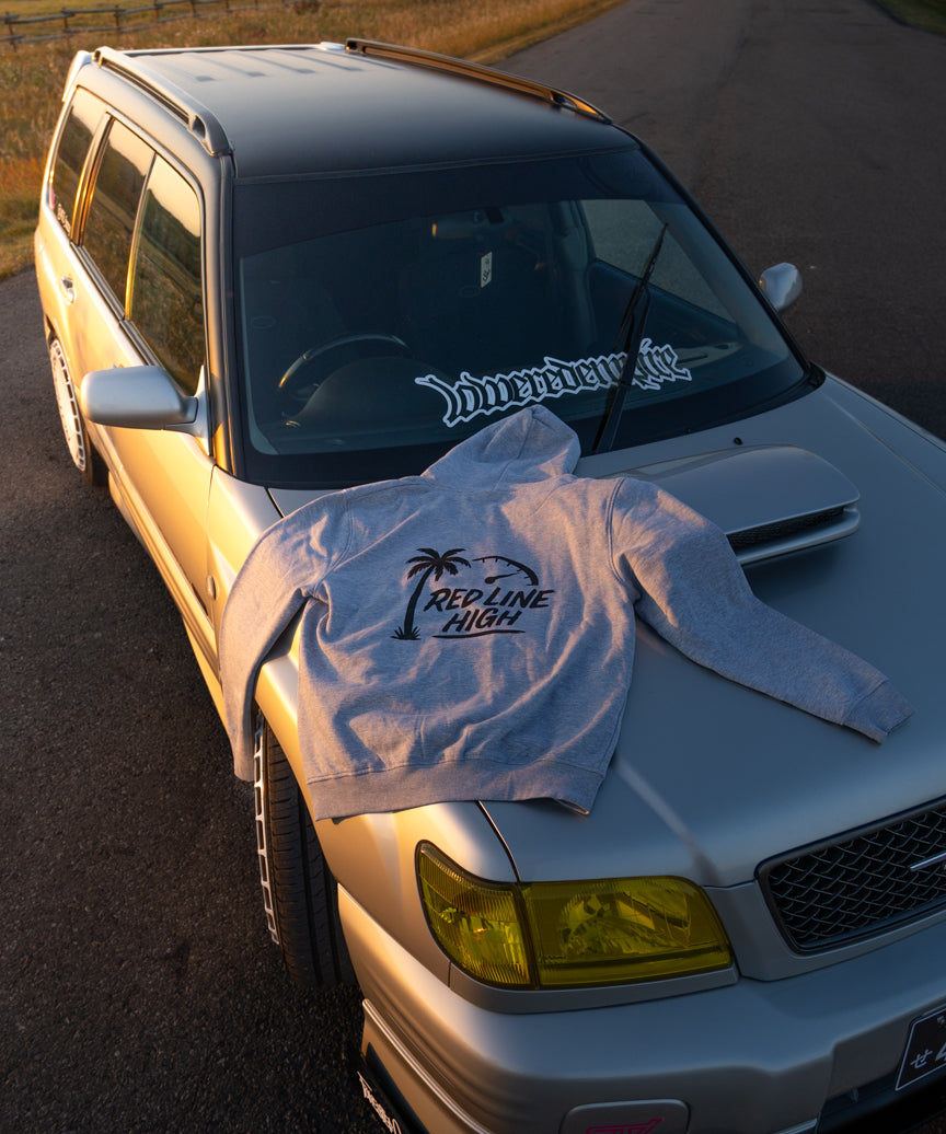 Grey Red Line High automotive hoodie with black logo and text