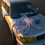 Grey Red Line High automotive hoodie with black logo and text