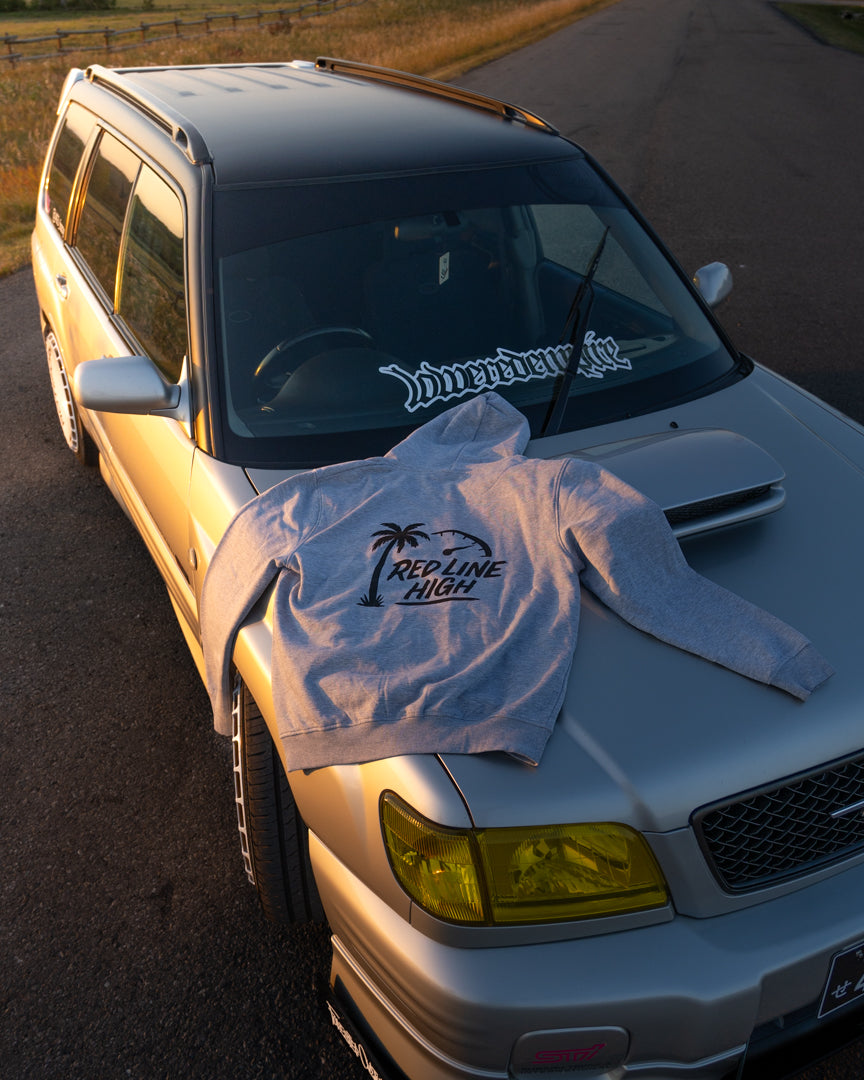Grey Red Line High automotive hoodie with black logo and text