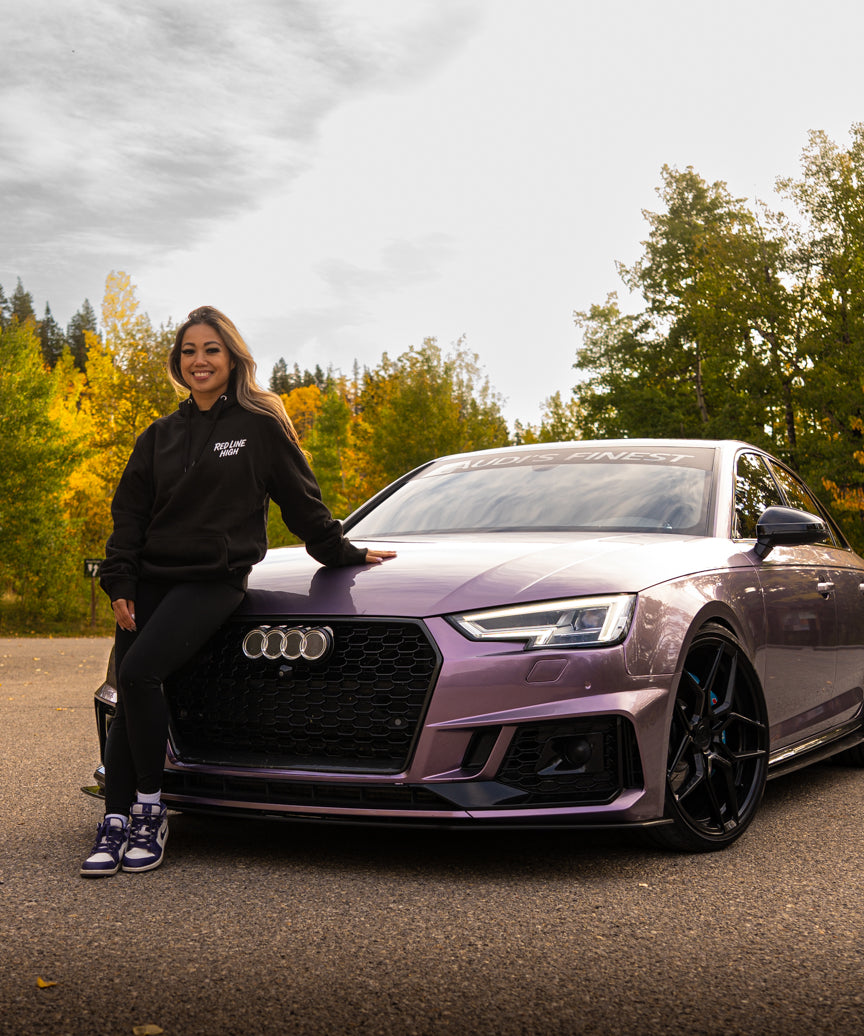 Black Red Line High automotive hoodie with white logo and text