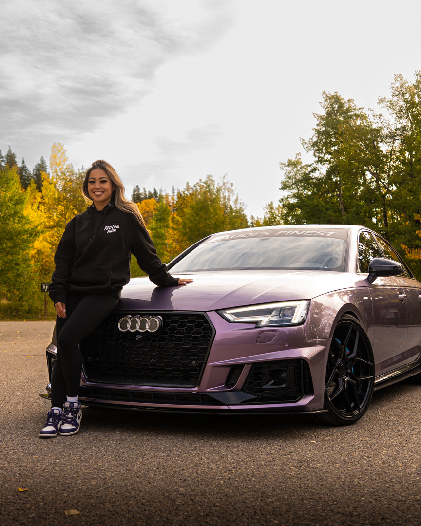 Black Red Line High automotive hoodie with white logo and text