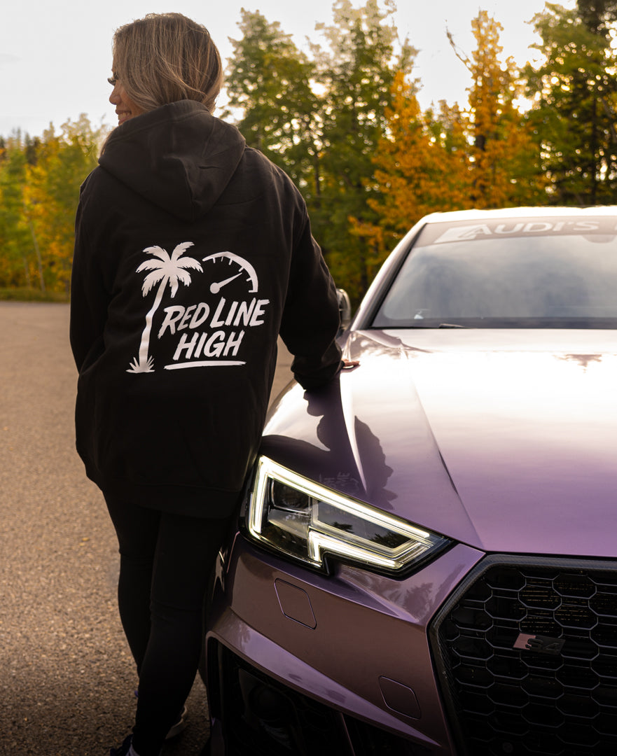 Black Red Line High automotive hoodie with white logo and text