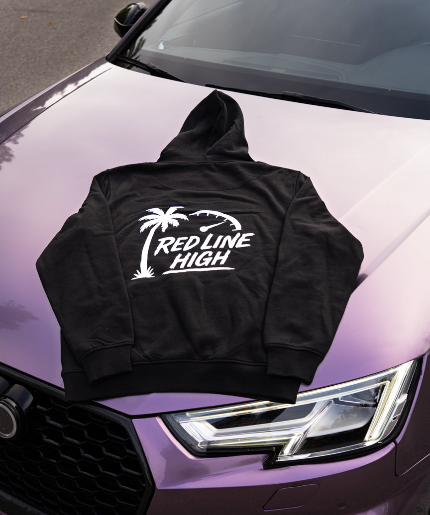 Black Red Line High automotive hoodie with white logo and text