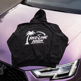 Black Red Line High automotive hoodie with white logo and text