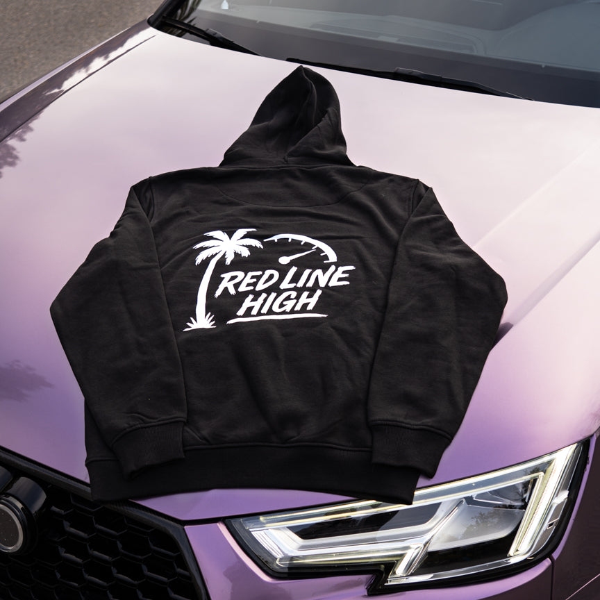 Black Red Line High automotive hoodie with white logo and text